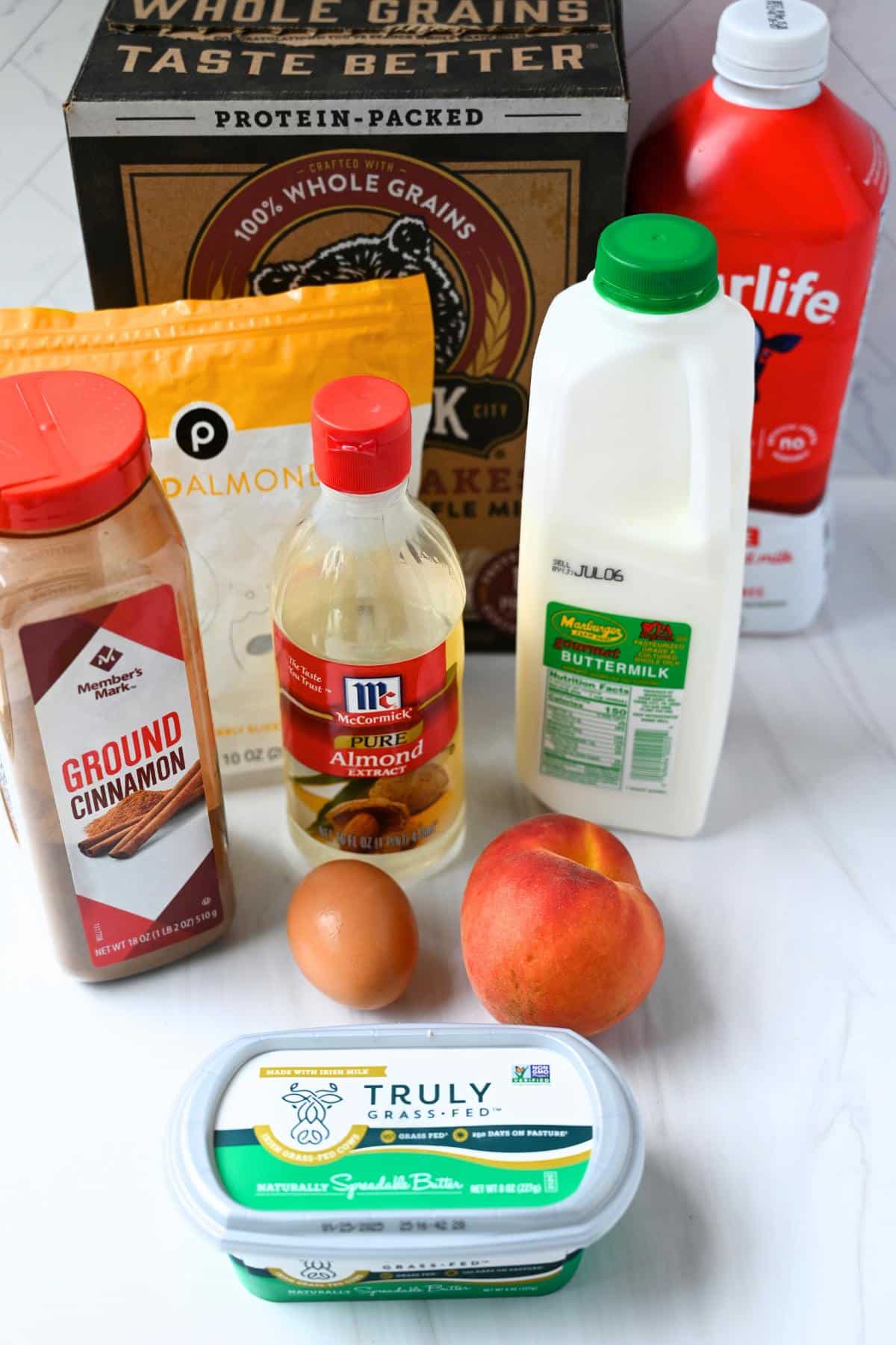 ingredients for making peach cobbler pancakes on a counter