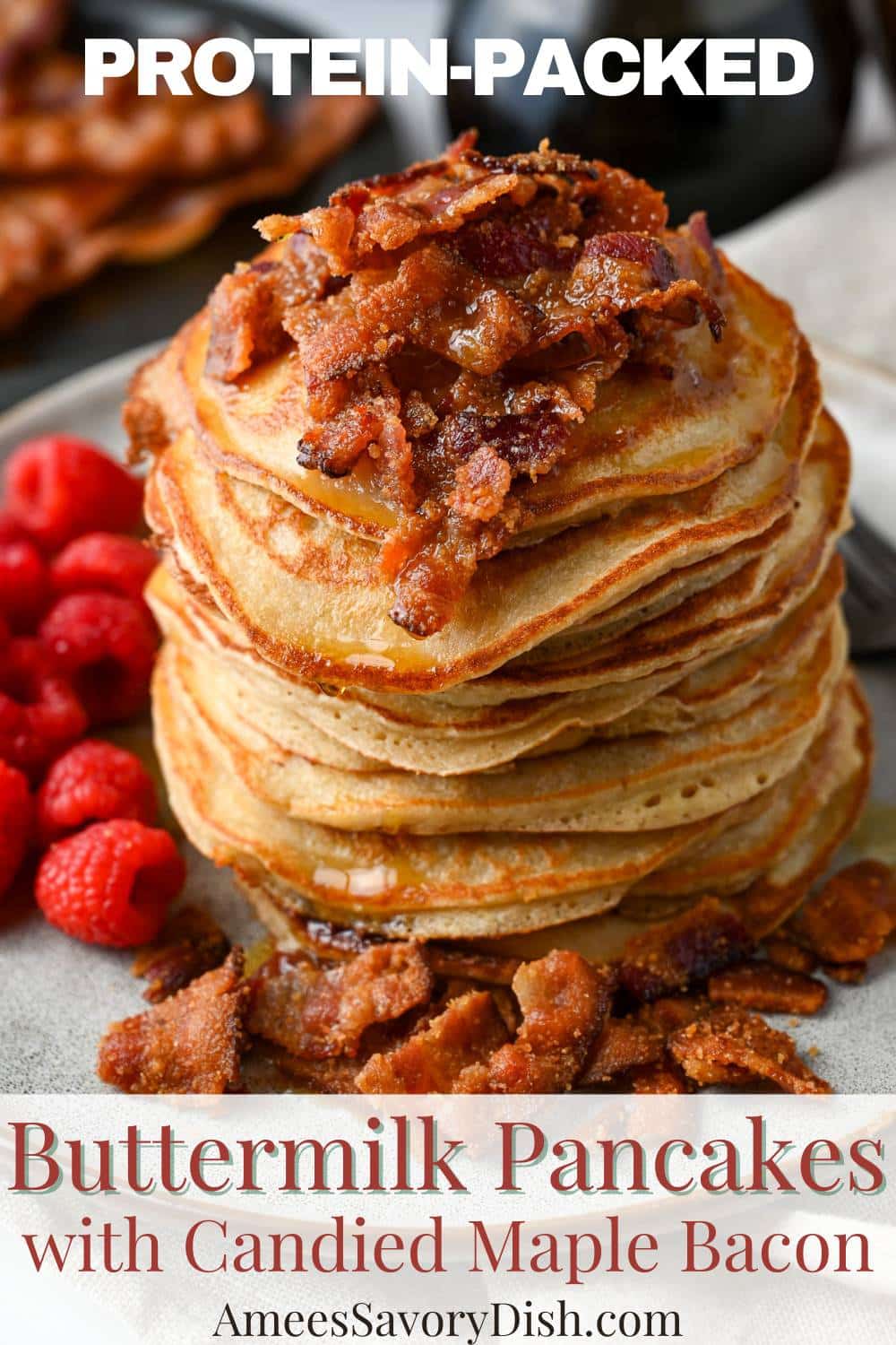 This quick and convenient recipe yields a protein-packed stack of golden, fluffy pancakes topped with delectable crumbled candied maple bacon. via @Ameessavorydish