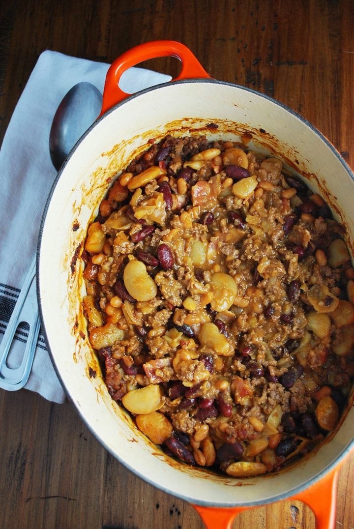 pot of beans with napkin and spoon for serving