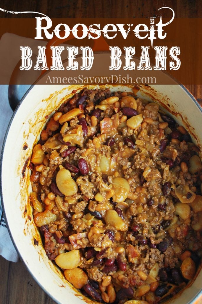 overhead shot of baked beans in a dutch oven with font description