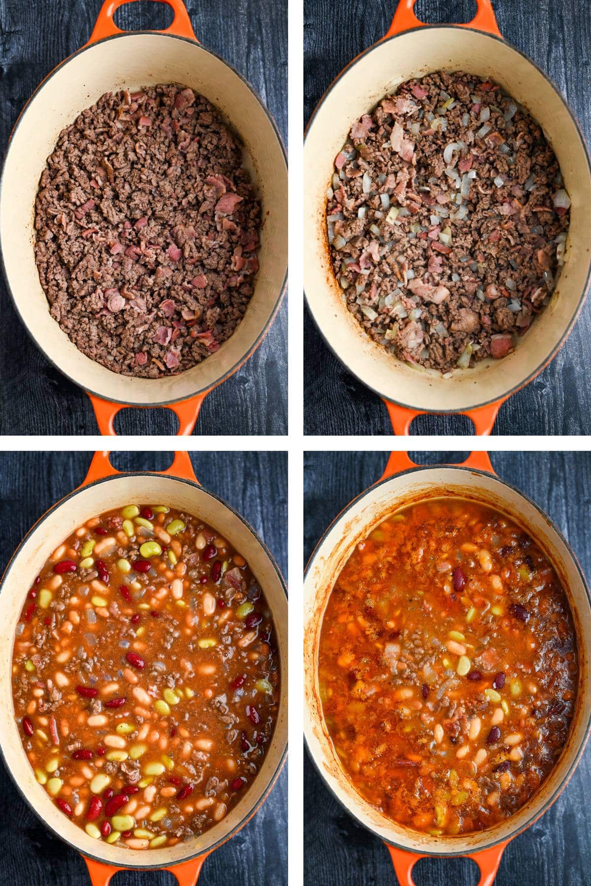 collage of 4 steps to making cowboy beans in a dutch oven
