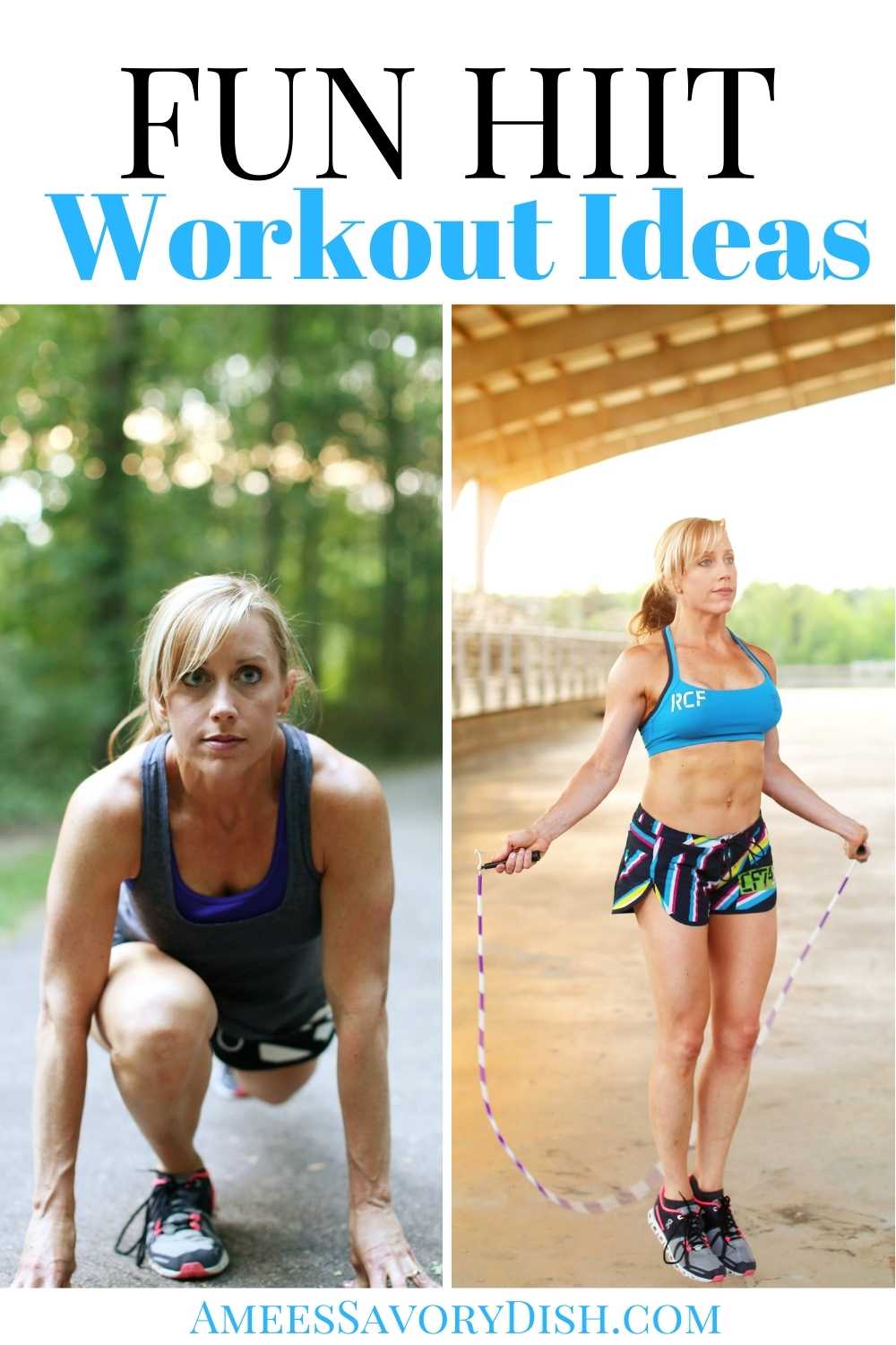 HIIT workout ideas using weights or just a jump rope and your bodyweight.  These workouts are guaranteed to get your heart pumping! #HIIT #HIITworkouts #Intervaltraining #workoutideas via @Ameessavorydish