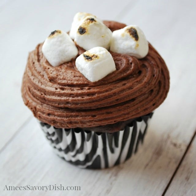 Close up of a smores cupcake with burnt mini marshmallows on top