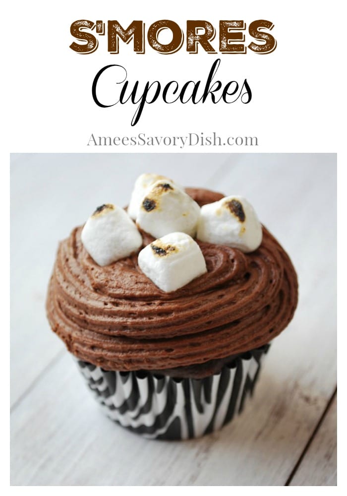 A moist and delicious recipe for homemade s'mores cupcakes with graham cracker base, chocolate frosting, and roasted marshmallows. #cupcakerecipe #cupcakes #s'morescupcakes #chocolatecupcakes via @Ameessavorydish