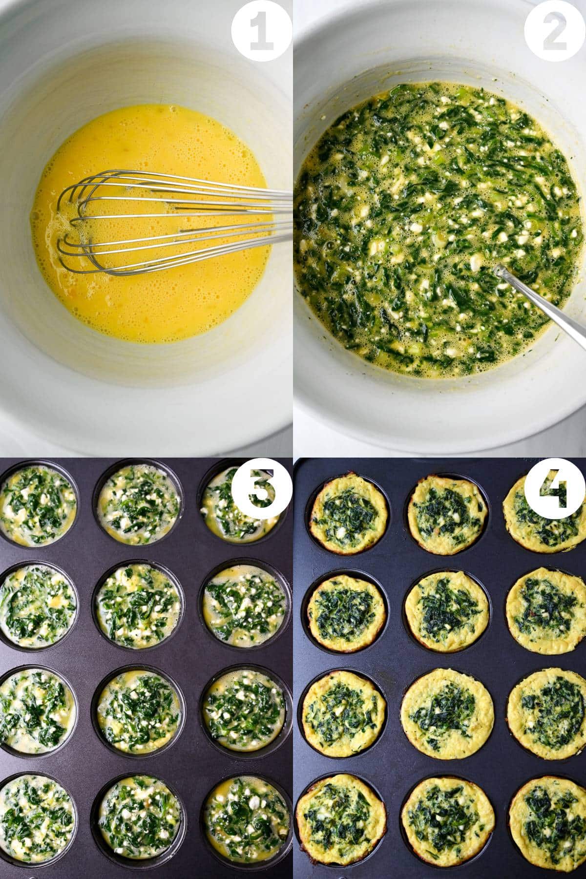 four steps to making spinach feta egg muffins- whisking batter and baking in muffin tins