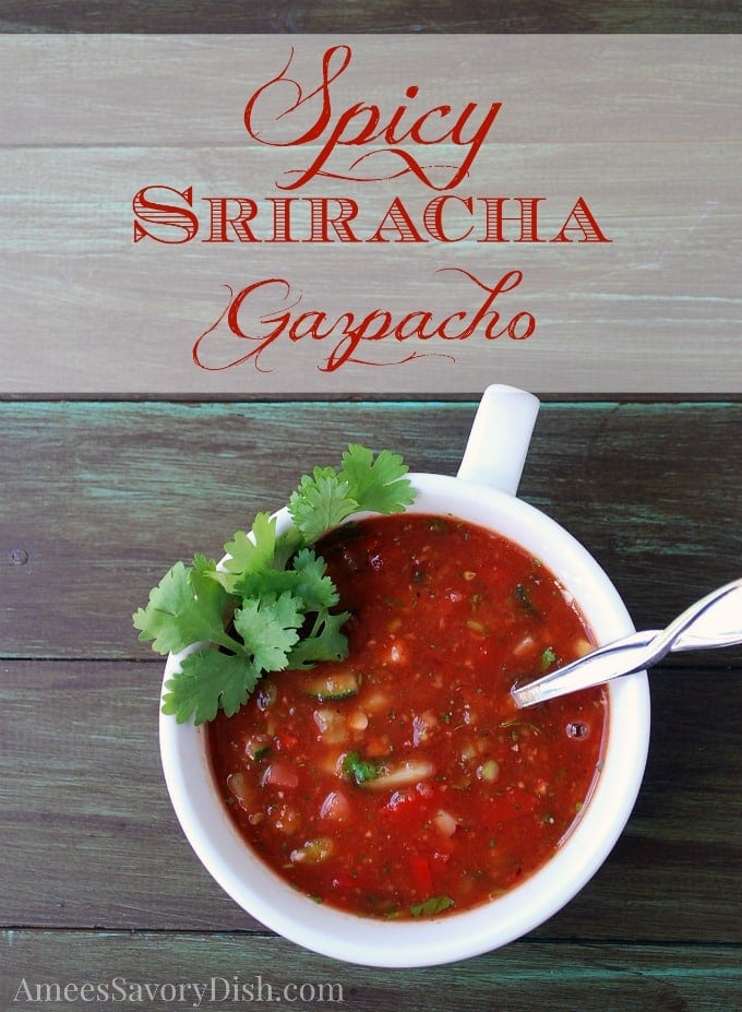 A super easy spicy gazpacho soup recipe made in a food processor using organic tomato juice and fresh vegetables.  It's the perfect healthy chilled summer soup on a hot day! #spicygazpacho #gazpachosoup #easygazpacho #chilledsoup #vegetablesoup via @Ameessavorydish