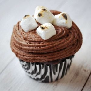 a chocolate frosted cupcake with roasted marshmallows on top