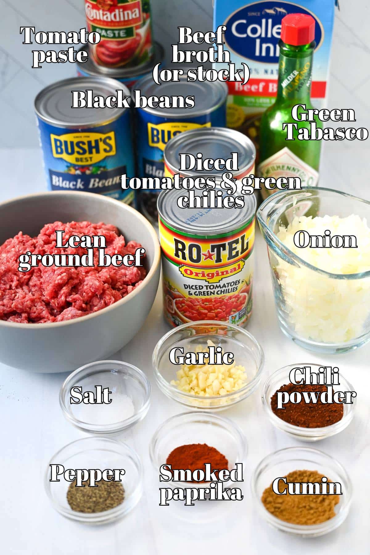 ingredients for beef black bean chili measured out on a counter
