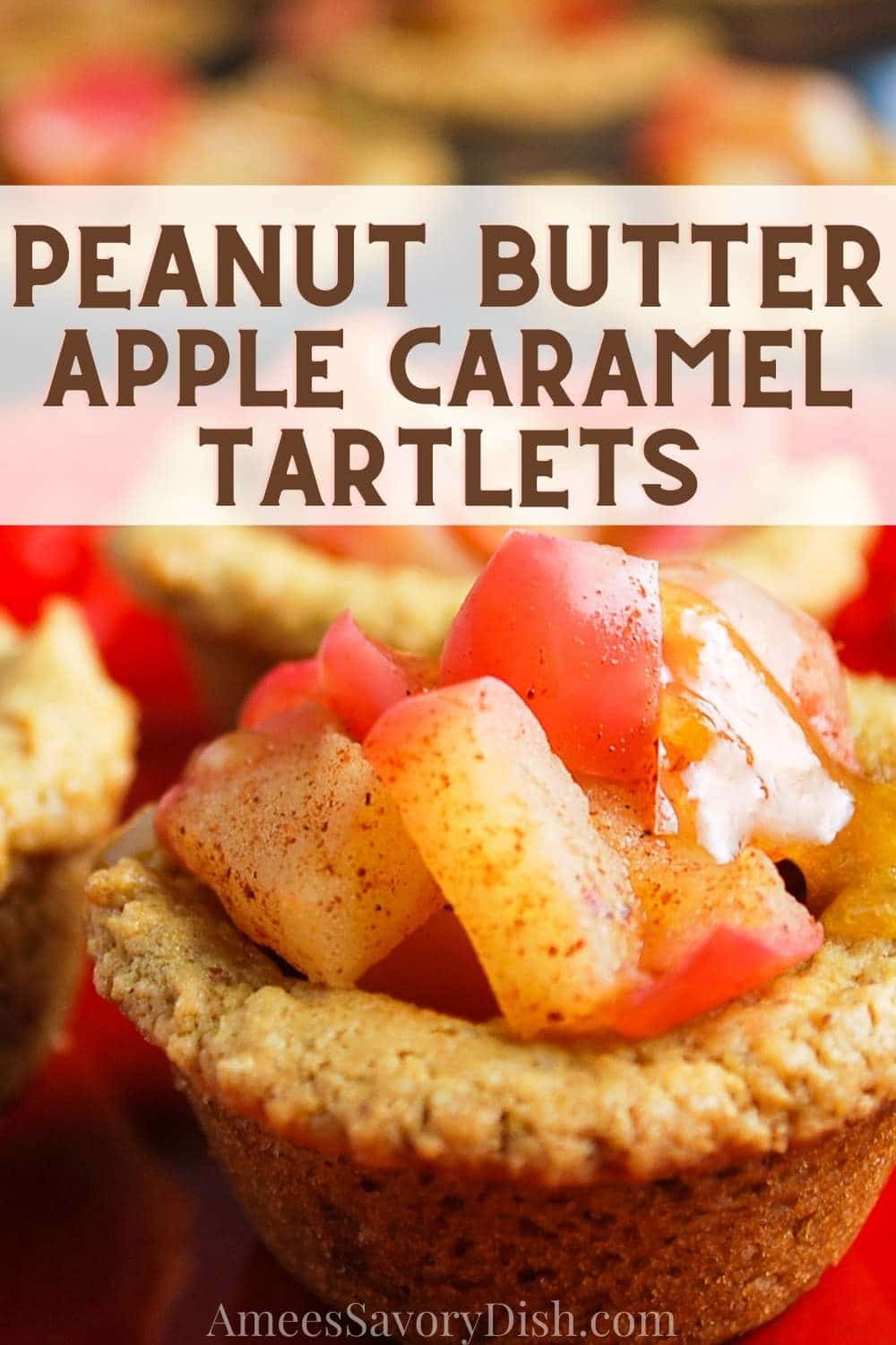 Peanut Butter Apple Caramel Tartlets! Gluten-free bite-sized tarts made with peanut butter and oat pastry, filled with cooked apples and topped with a quick maple-caramel drizzle. via @Ameessavorydish