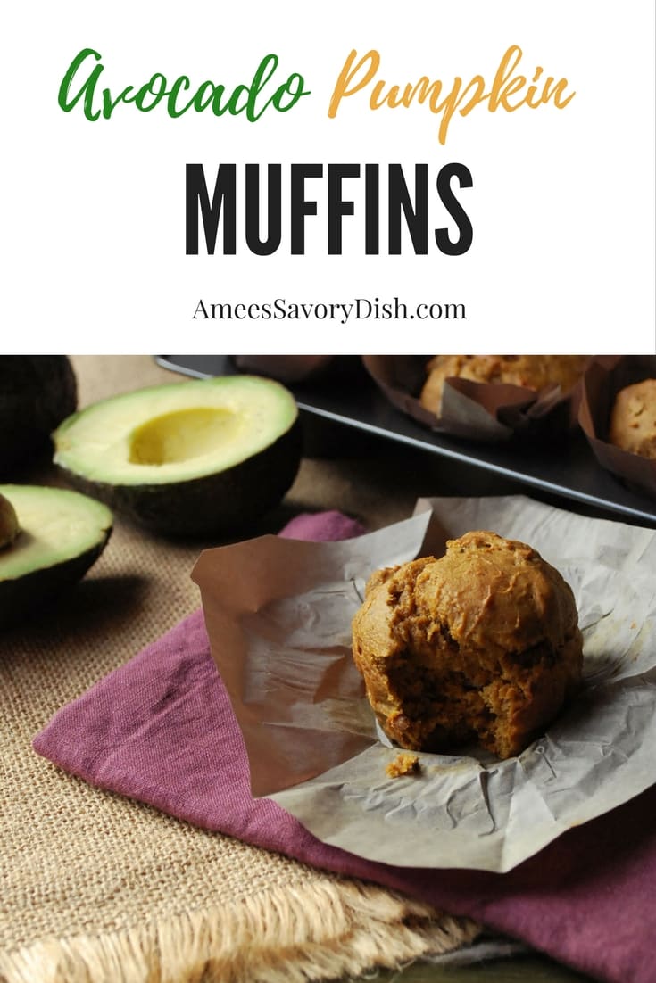 These avocado pumpkin muffins are a healthier muffin recipe made with mashed banana and avocado and pureed pumpkin. You won't miss the oil in this recipe! #avocadomuffins #muffins #pumpkinmuffins via @Ameessavorydish