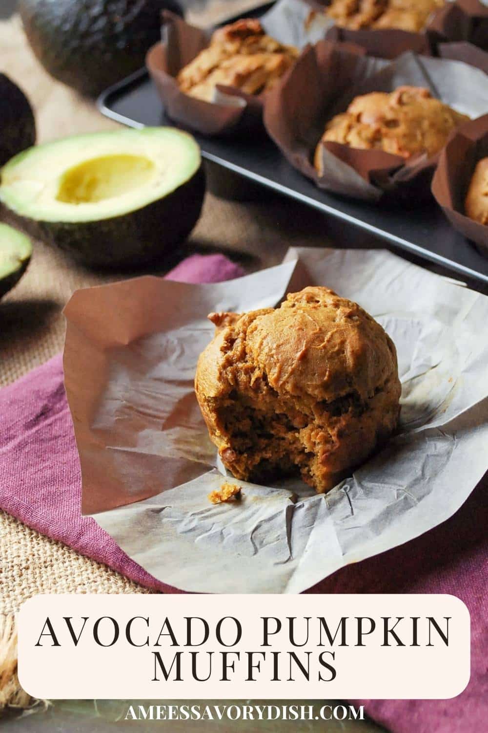 These tasty avocado muffins are made with mashed banana, avocado, and pureed pumpkin. You won't miss the oil in this recipe! via @Ameessavorydish