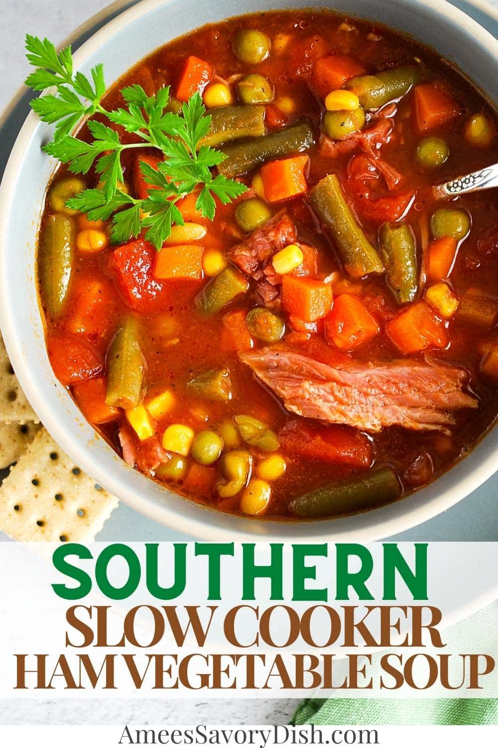 A healthier and easy recipe for homemade slow cooker southern ham vegetable soup made with leftover ham bone with meat and mixed frozen vegetables. via @Ameessavorydish