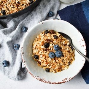 bowl of blueberry granola with fresh blueberries and a napkin in the background