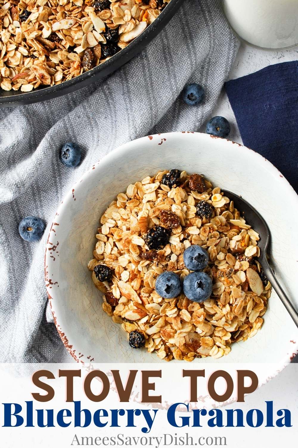 This stovetop Blueberry Granola recipe is packed with a healthy and wholesome variety of sweet and spiced flavors and textures. Ready in under 10 minutes! via @Ameessavorydish