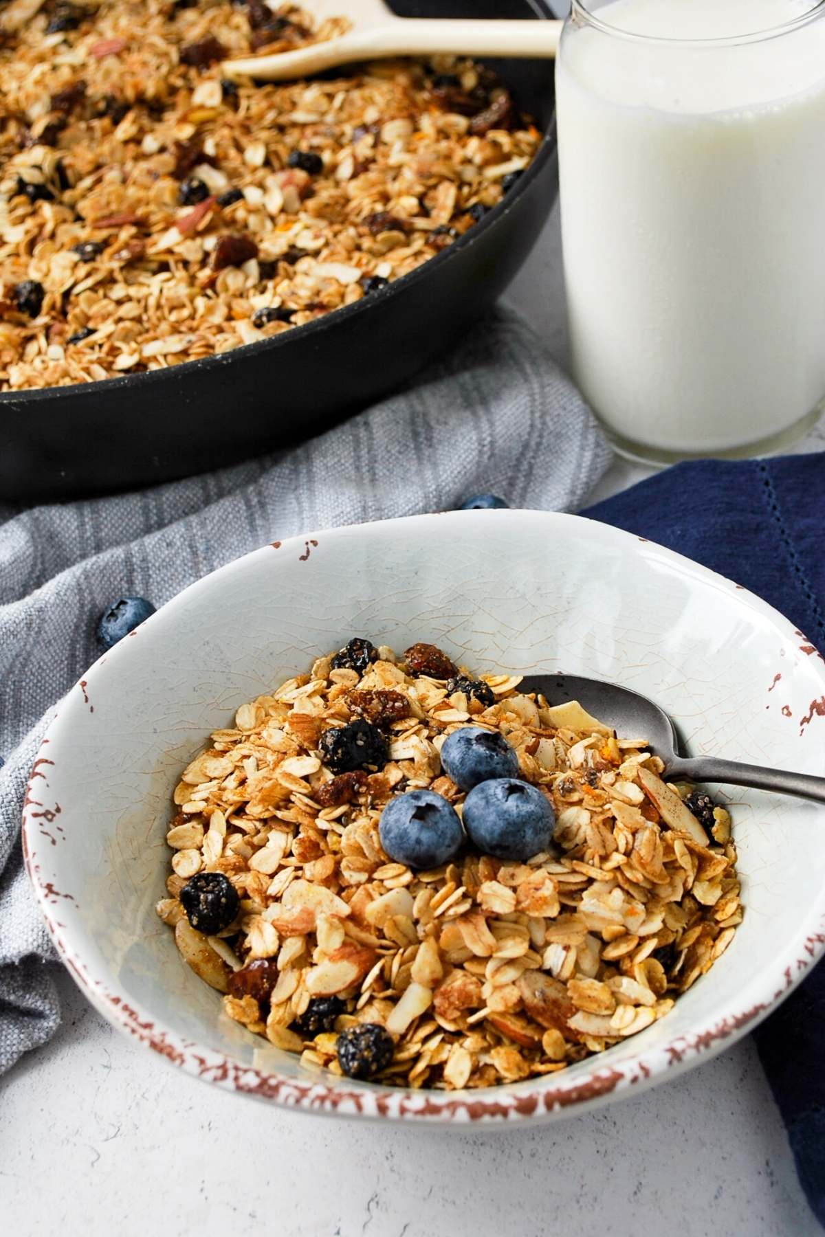 close up of blueberry granola in a bowl with a spoon