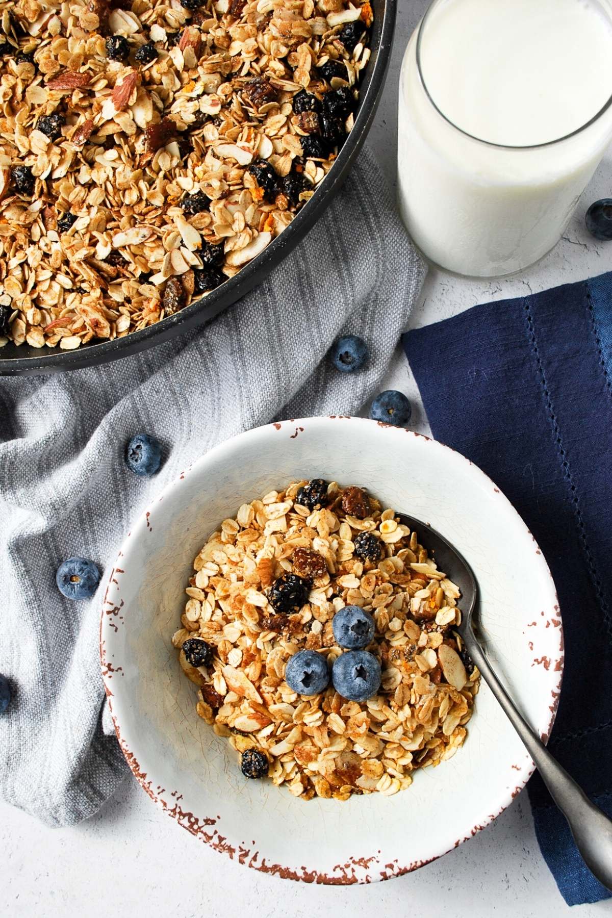 overhead photo of a bowl of blueberry granola with a glass of milk and skillet of granola