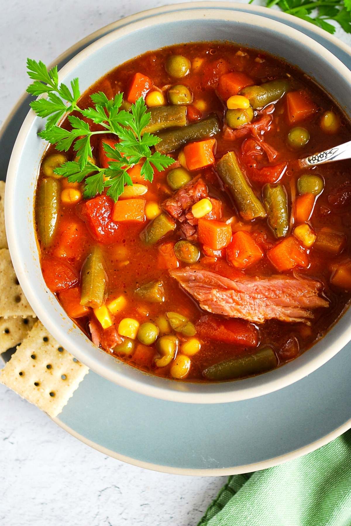 overhead photo of a bowl of ham vegetable soup with crackers and a sprig of parsley