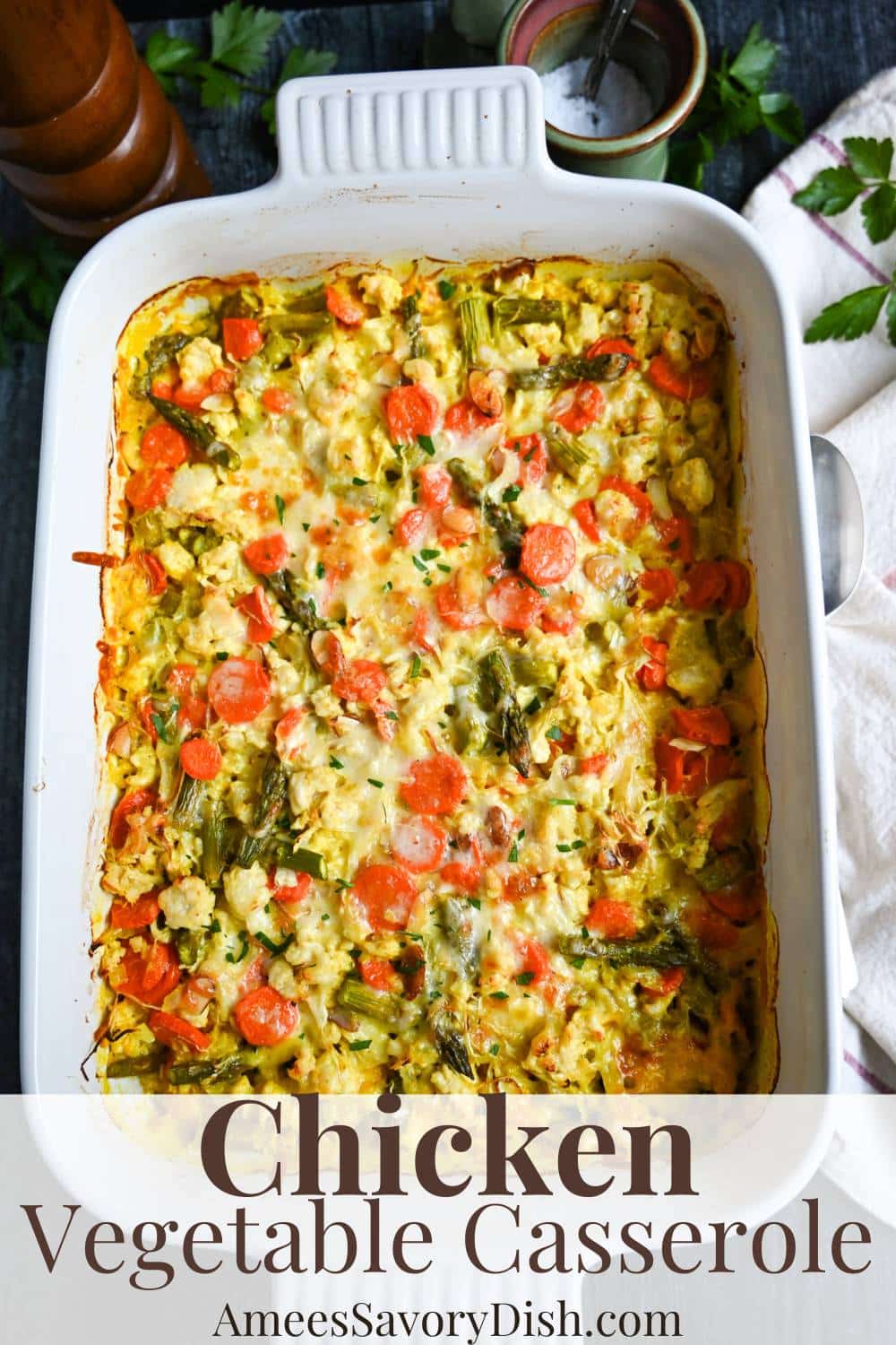 This Chicken Vegetable Casserole recipe is a healthier twist on a classic! Made with lean ground chicken, mixed vegetables, almonds, and low-fat white cheddar cheese. via @Ameessavorydish