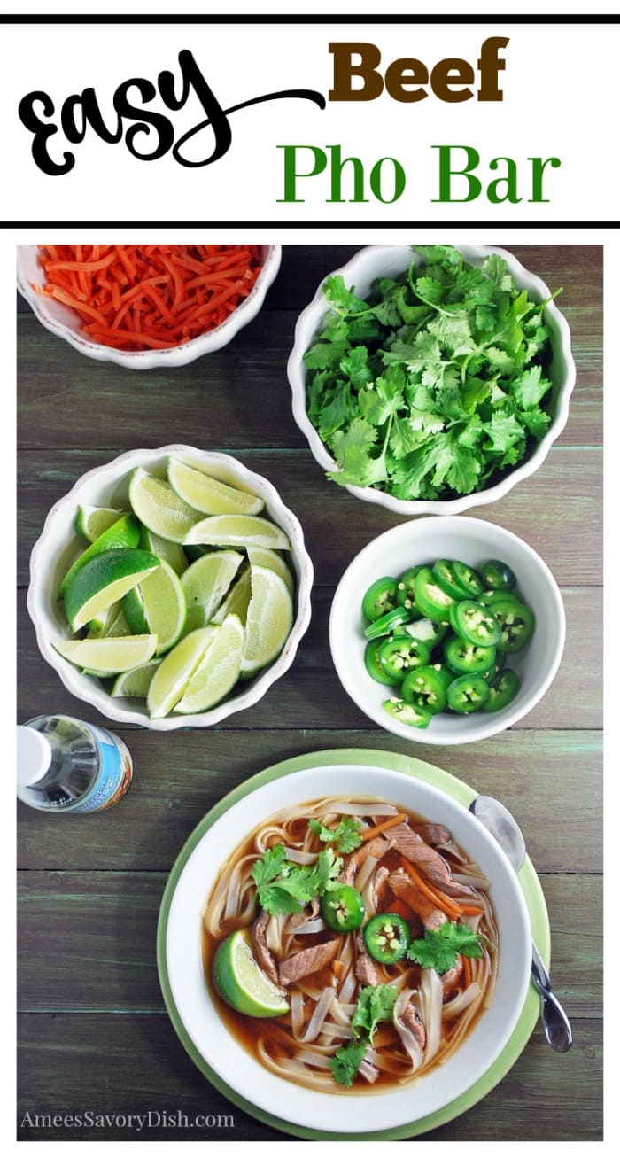 Make your own DIY beef pho bowls with a simple and delicious flank steak pho recipe!  Tender flank steak is the star of this nutritious one-dish meal. via @Ameessavorydish