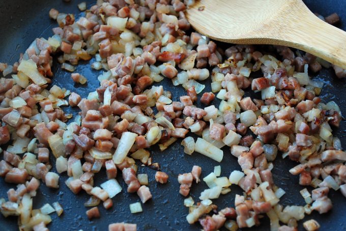 pancetta and onions for roasted sweet potato salad