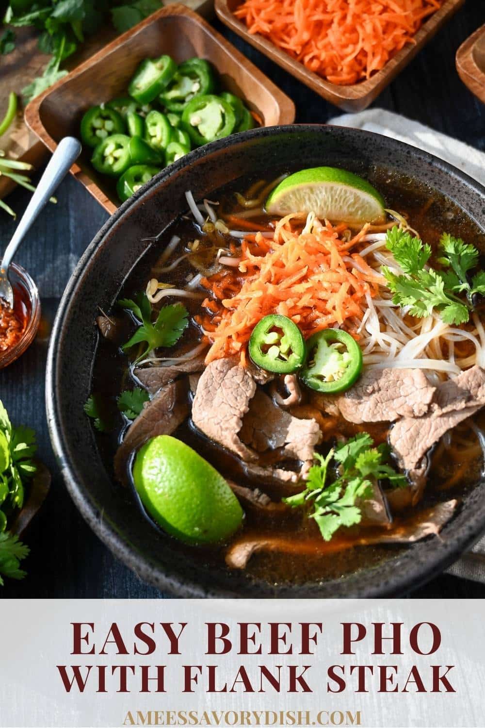 Make your own DIY beef pho bowls with a simple and delicious flank steak pho recipe!  Tender flank steak is the star of this nutritious one-dish meal. via @Ameessavorydish