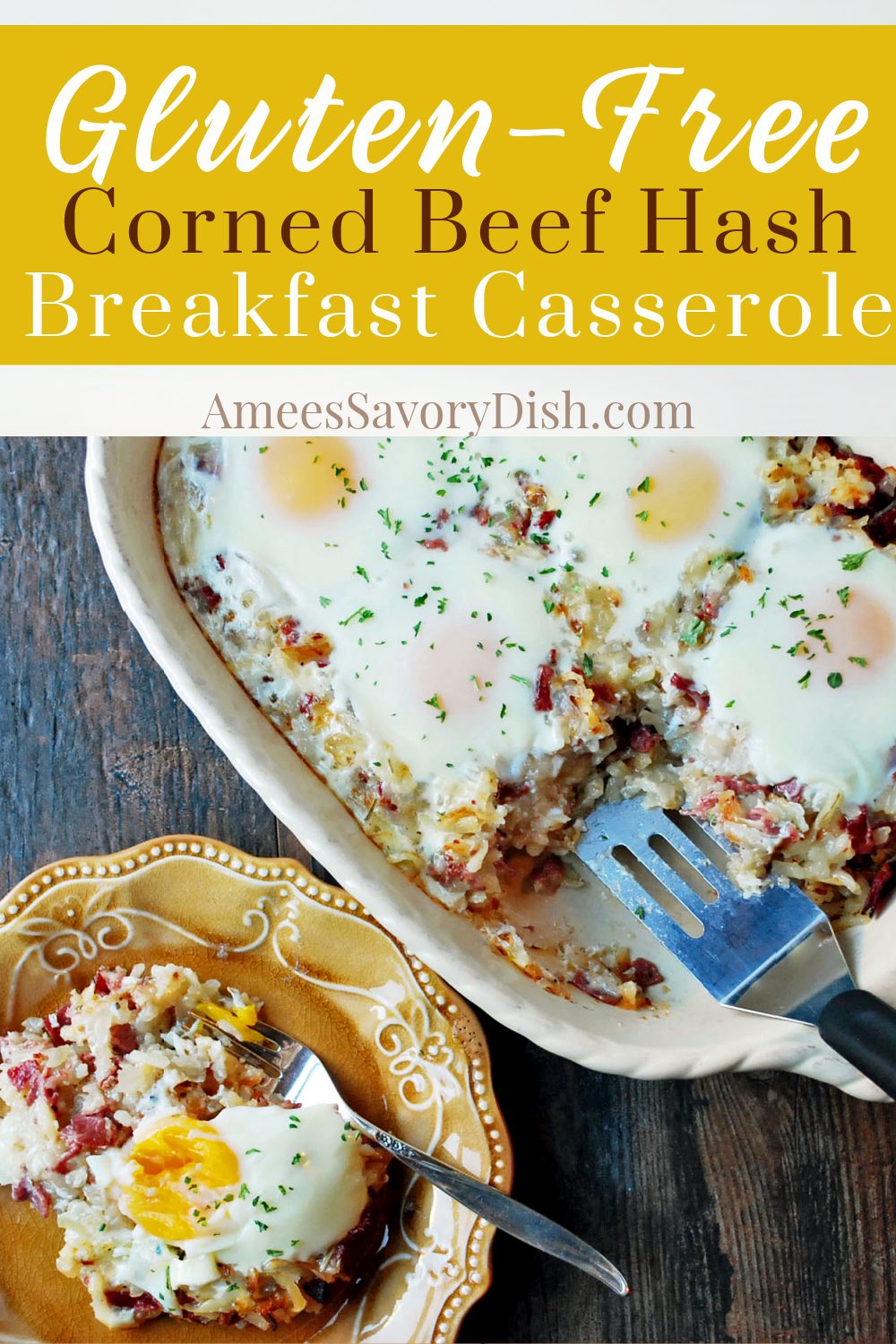This lightened-up and delicious Corned Beef Hash Breakfast Casserole is a combination of cheese, hashbrown potatoes, corned beef, fresh herbs, and eggs. via @Ameessavorydish