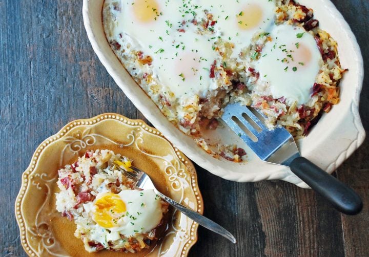 plate of casserole with casserole pan