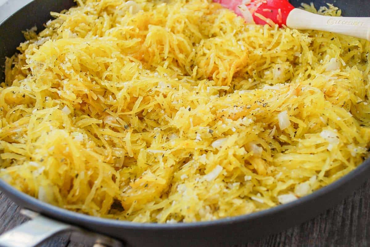 sauteed spaghetti squash with onions, cheese, and garlic