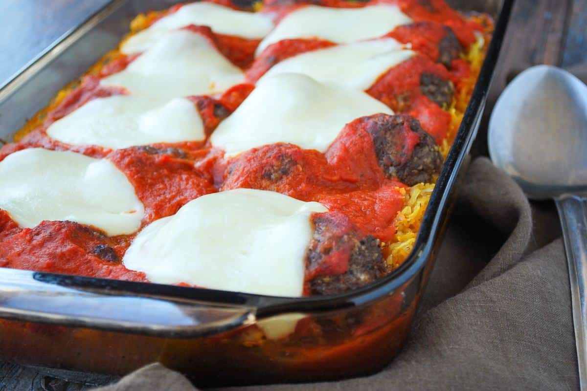 meatball casserole with buffalo mozzarella on top