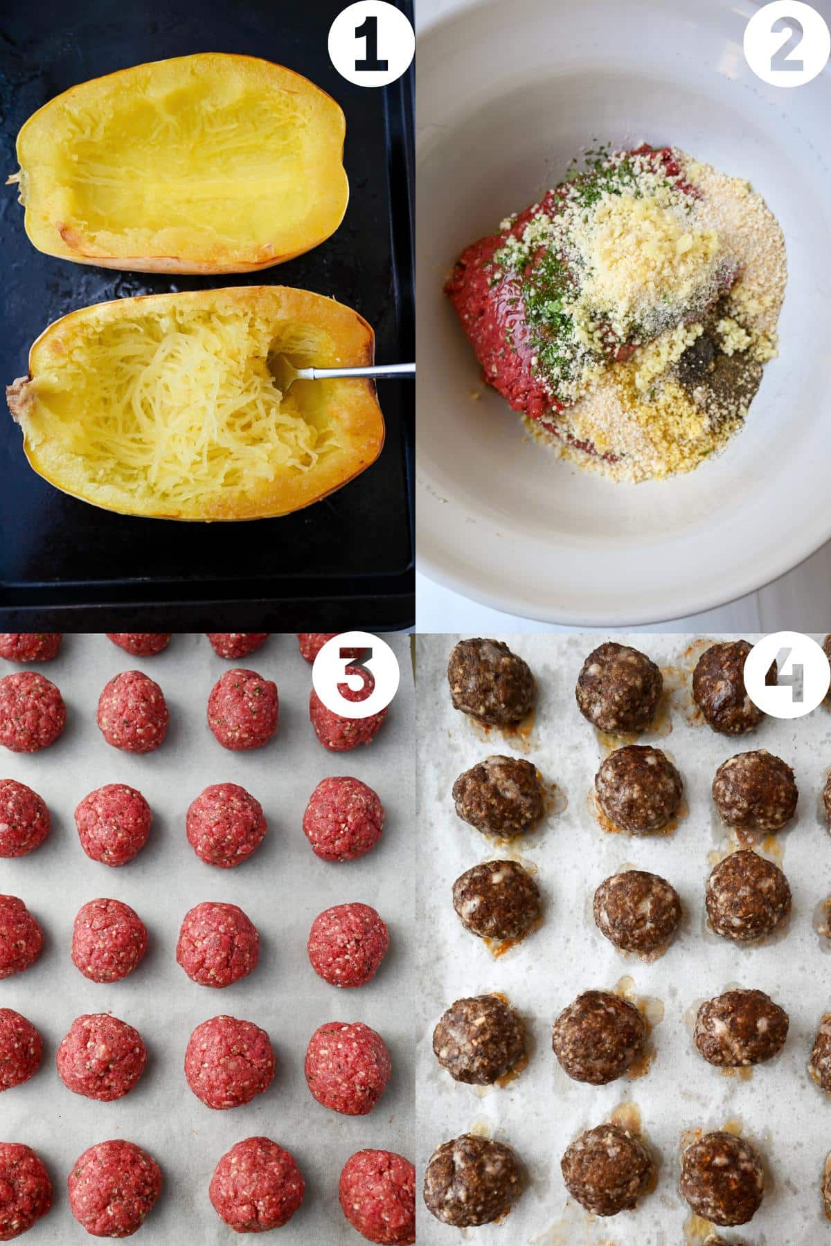 collage photo: shredding spaghetti squash, mixing meatballs, and before and after baking meatballs