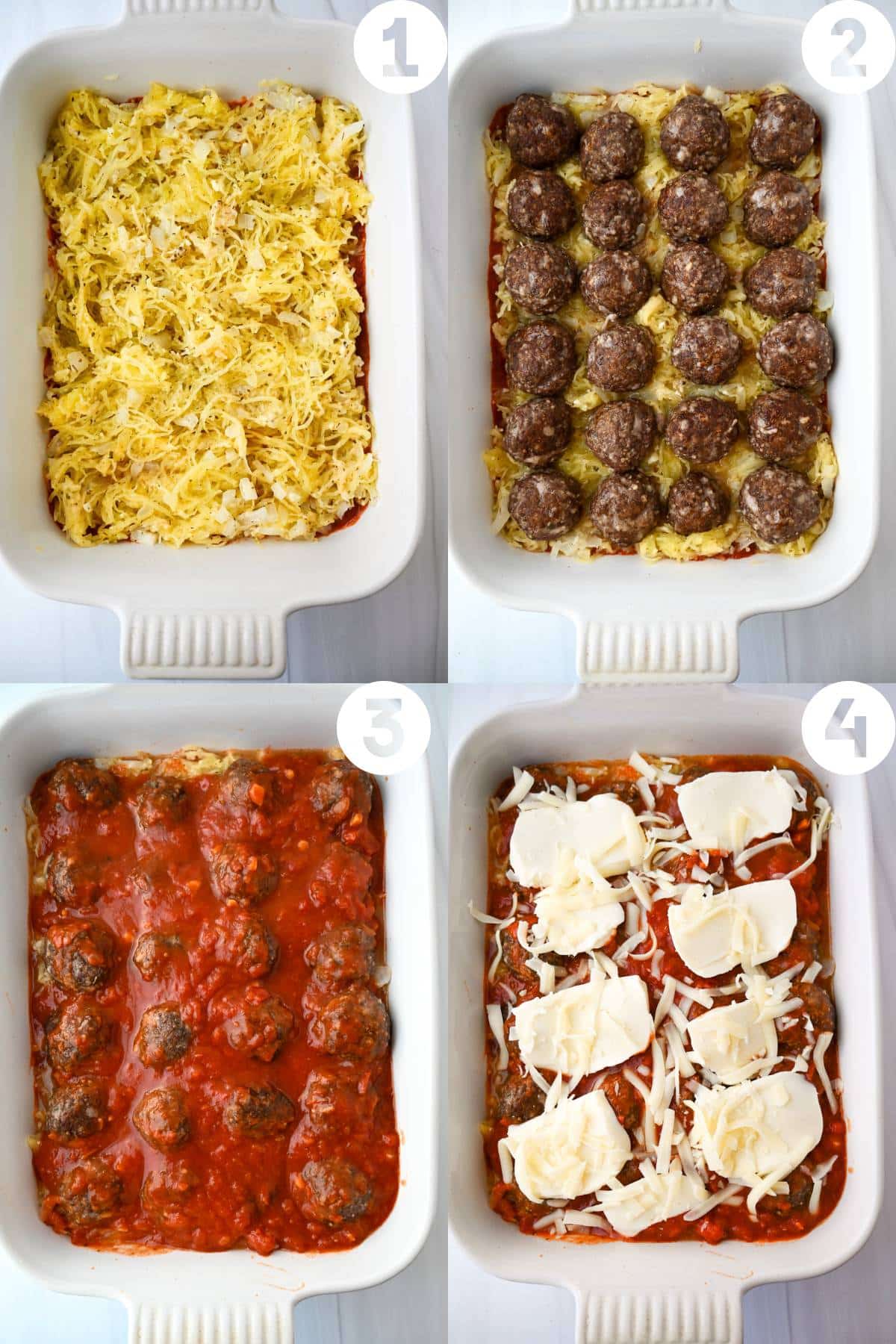 four steps assembling a casserole with layered spaghetti squash, meatballs, sauce, and cheese topping