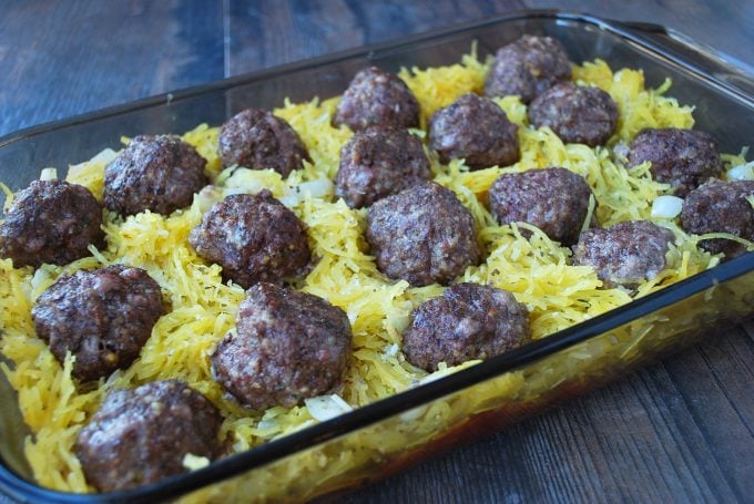 Meatball layer in spaghetti squash meatball casserole