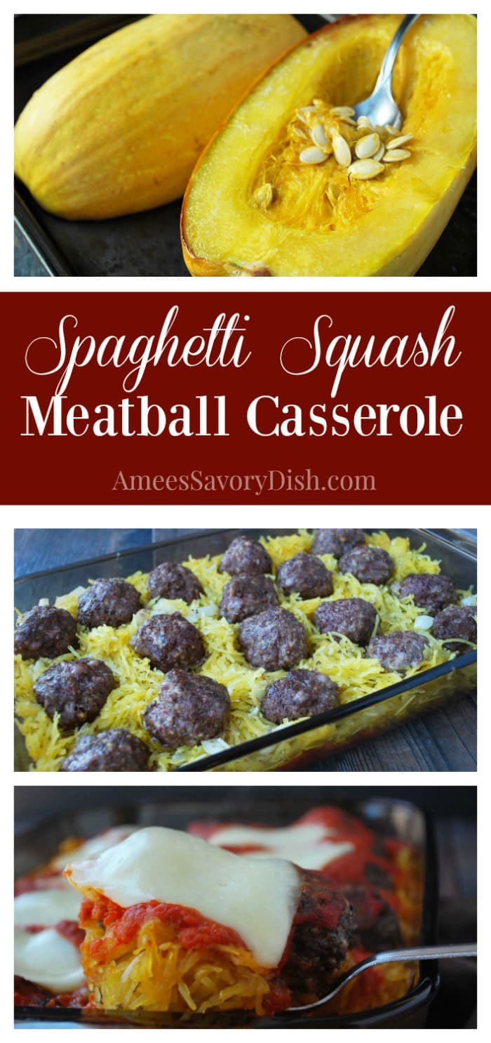 This Spaghetti Squash Meatball Casserole is a wonderful smart carb alternative to heavy, calorie-laden, pasta dishes and a great source of muscle-building lean protein.  It's full of incredible flavor and loaded with good nutrients to keep your body properly fueled. via @Ameessavorydish