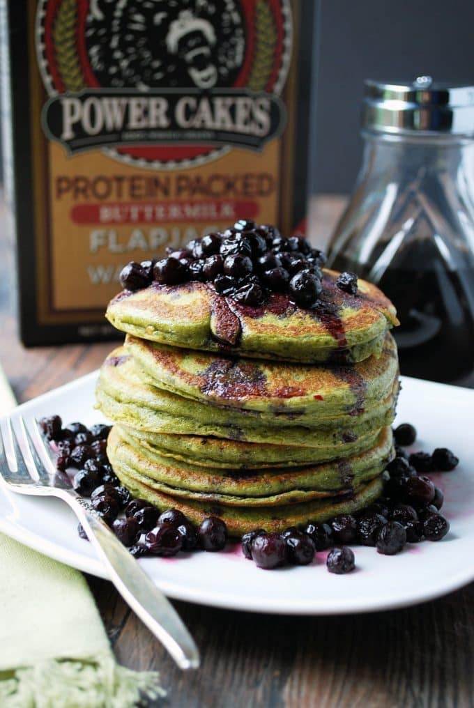 Wild Blueberry Matcha Protein Pancakes for breakfast