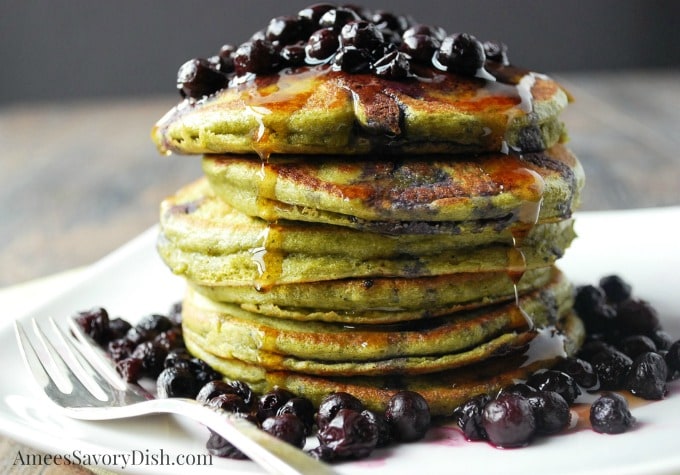 The tastiest Wild Blueberry Matcha Protein Pancakes