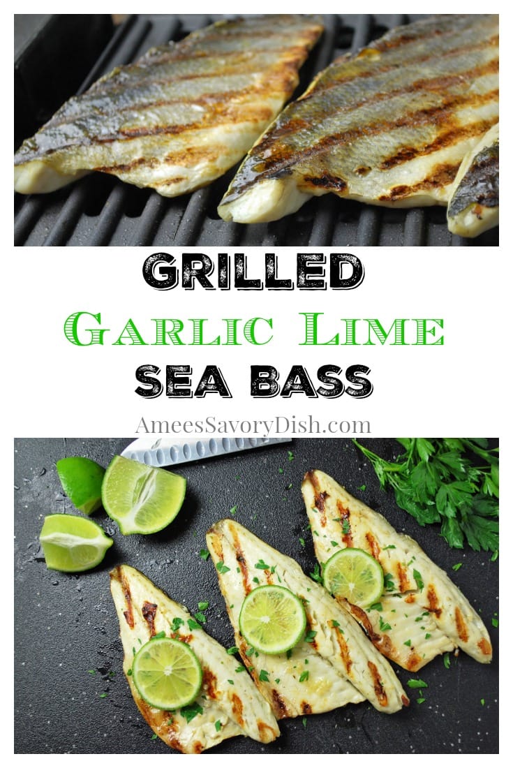 collage photo of grilled sea bass on a cutting board with herbs and lime with fish on the grill in the second photo