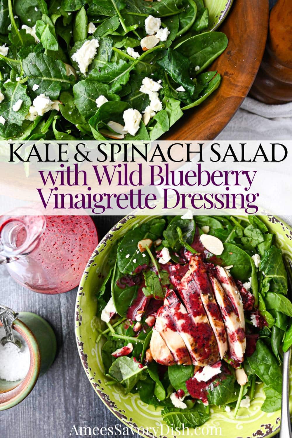 Take your superfood salad game to the next level with this Kale and Spinach Salad. It features a mesclun of leafy greens topped with crumbled goat cheese and almonds, dressed in wild blueberry vinaigrette via @Ameessavorydish