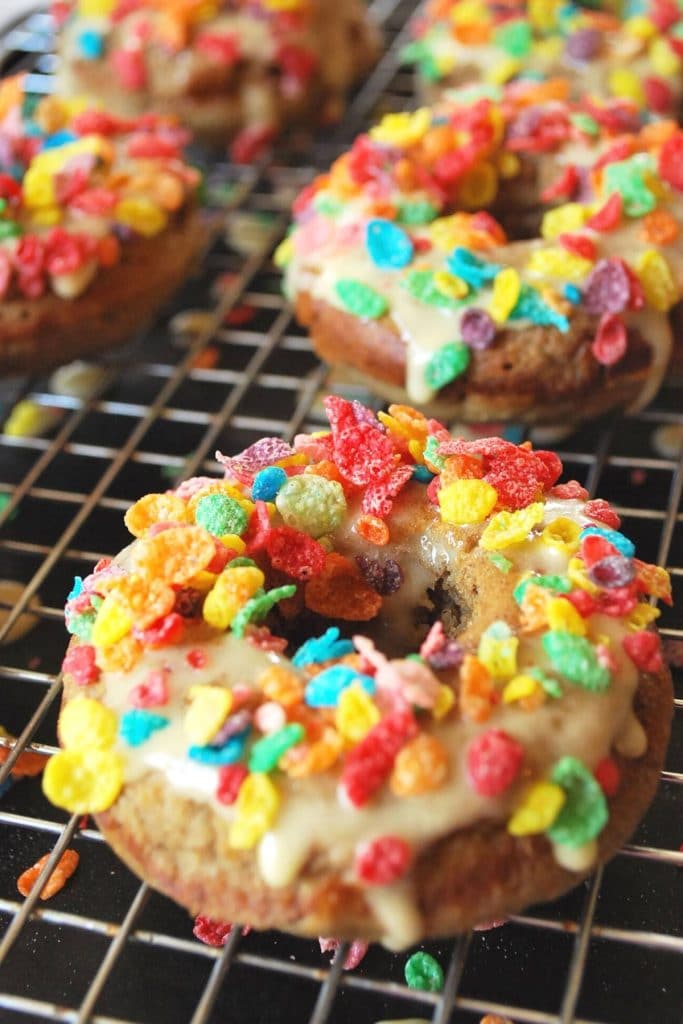 Vanilla Protein Donuts with Fruity Pebble Topping Amee's Savory Dish