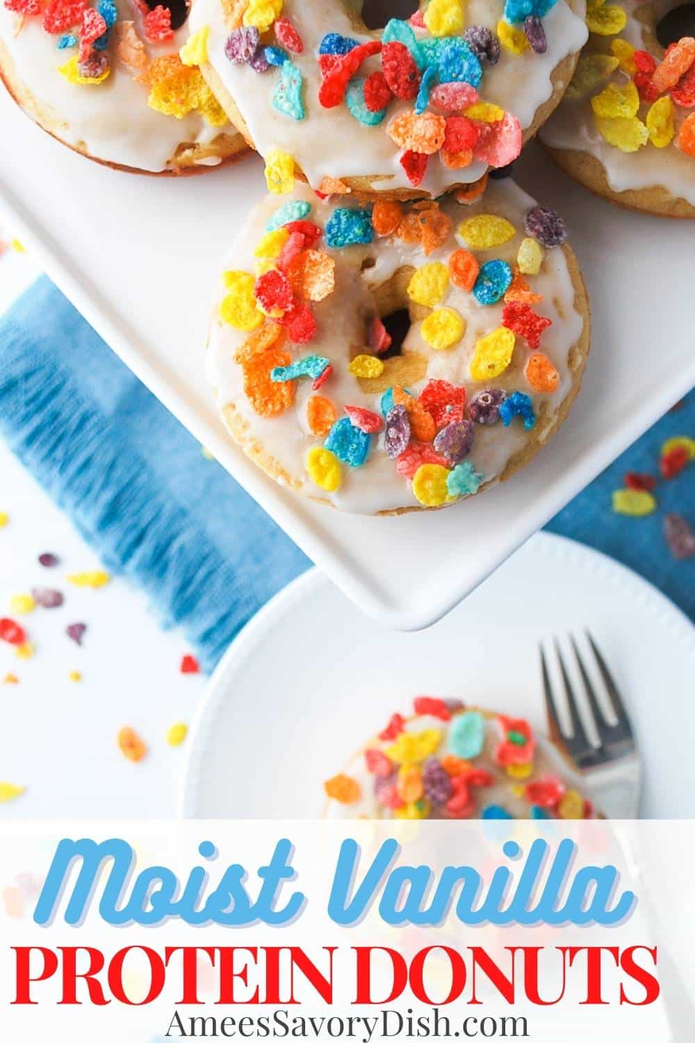 A delicious recipe for vanilla protein donuts made with a blend of oats and flour and sweetened with maple syrup.  When that donut craving strikes, these baked donuts are the perfect solution! via @Ameessavorydish