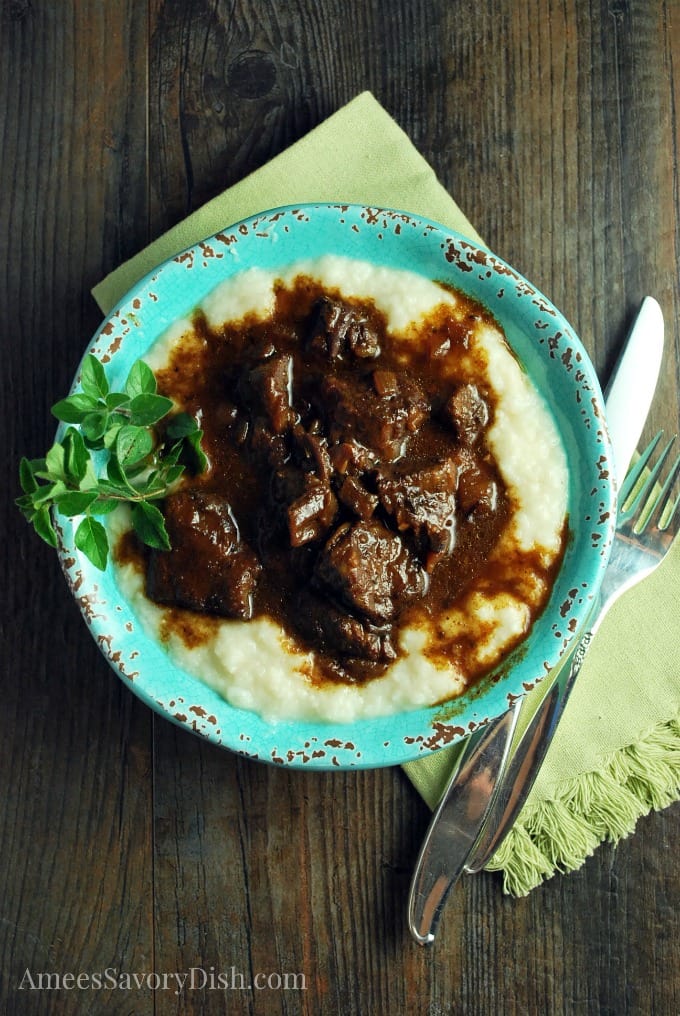 Instant Pot Mediterranean Beef is a tender and flavorful beef recipe made with chuck shoulder roast in a delicious balsamic red wine sauce. via @Ameessavorydish