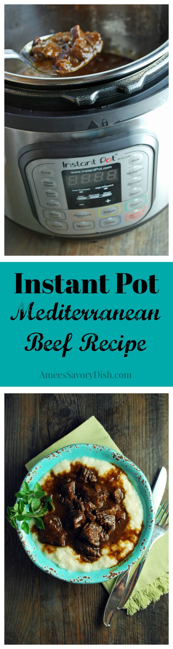 Instant Pot Mediterranean Beef is a tender and flavorful beef recipe made with chuck shoulder roast in a delicious balsamic red wine sauce. via @Ameessavorydish