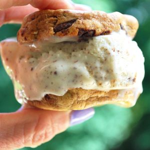 holding up a protein ice cream sandwich