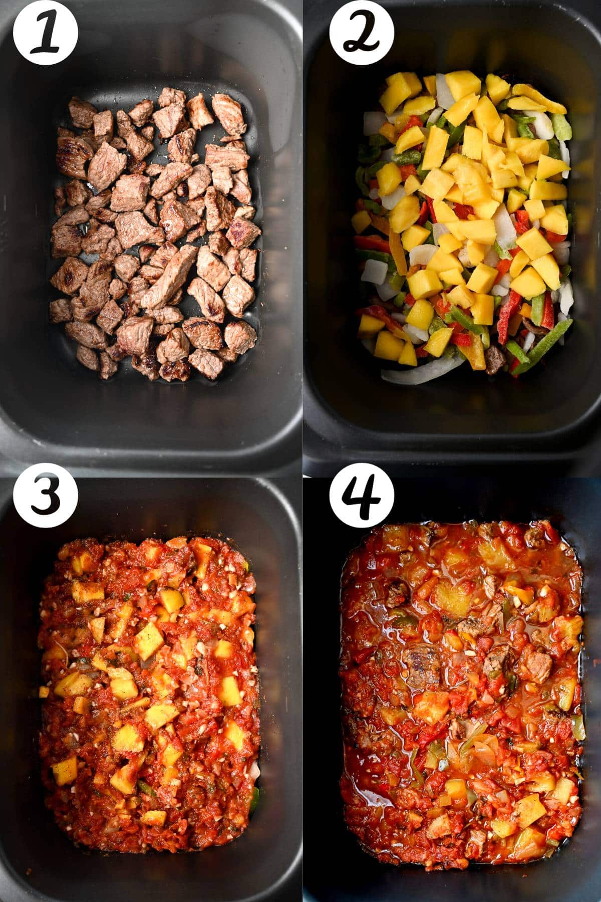 four step photos for assembling mango beef in the slow cooker: beef in pot, topped with fresh mango, peppers and onions, topped with salsa and garlic and cooked