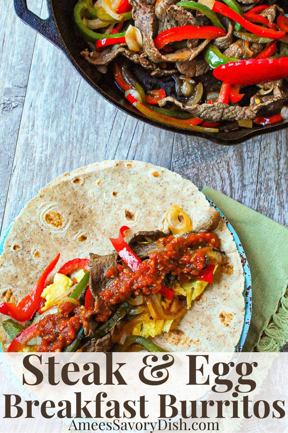 This Steak and Egg Burrito recipe delivers sizzling steak, onions, peppers, cheesy scrambled eggs, and tasty toppings wrapped in your favorite tortilla. via @Ameessavorydish