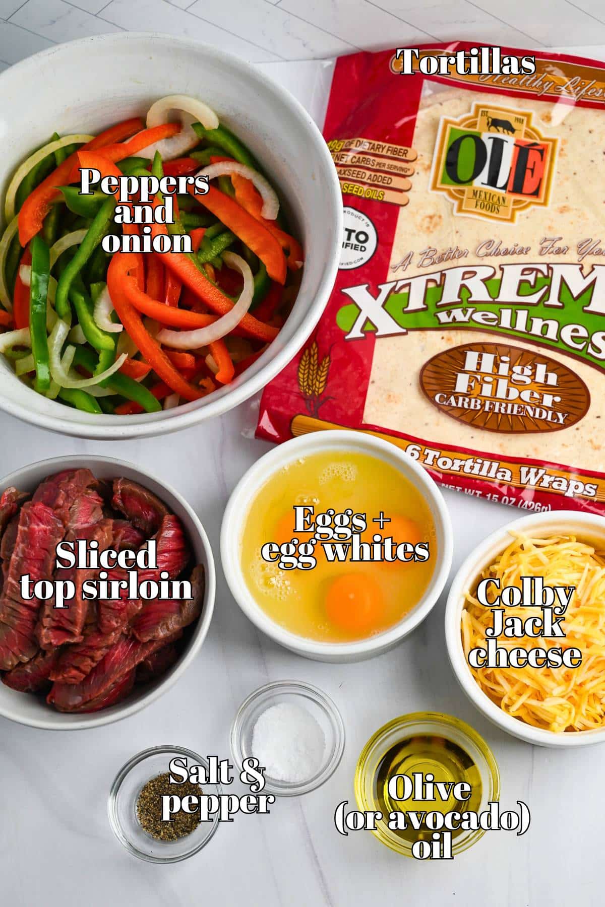 breakfast burrito ingredients measured out on a counter