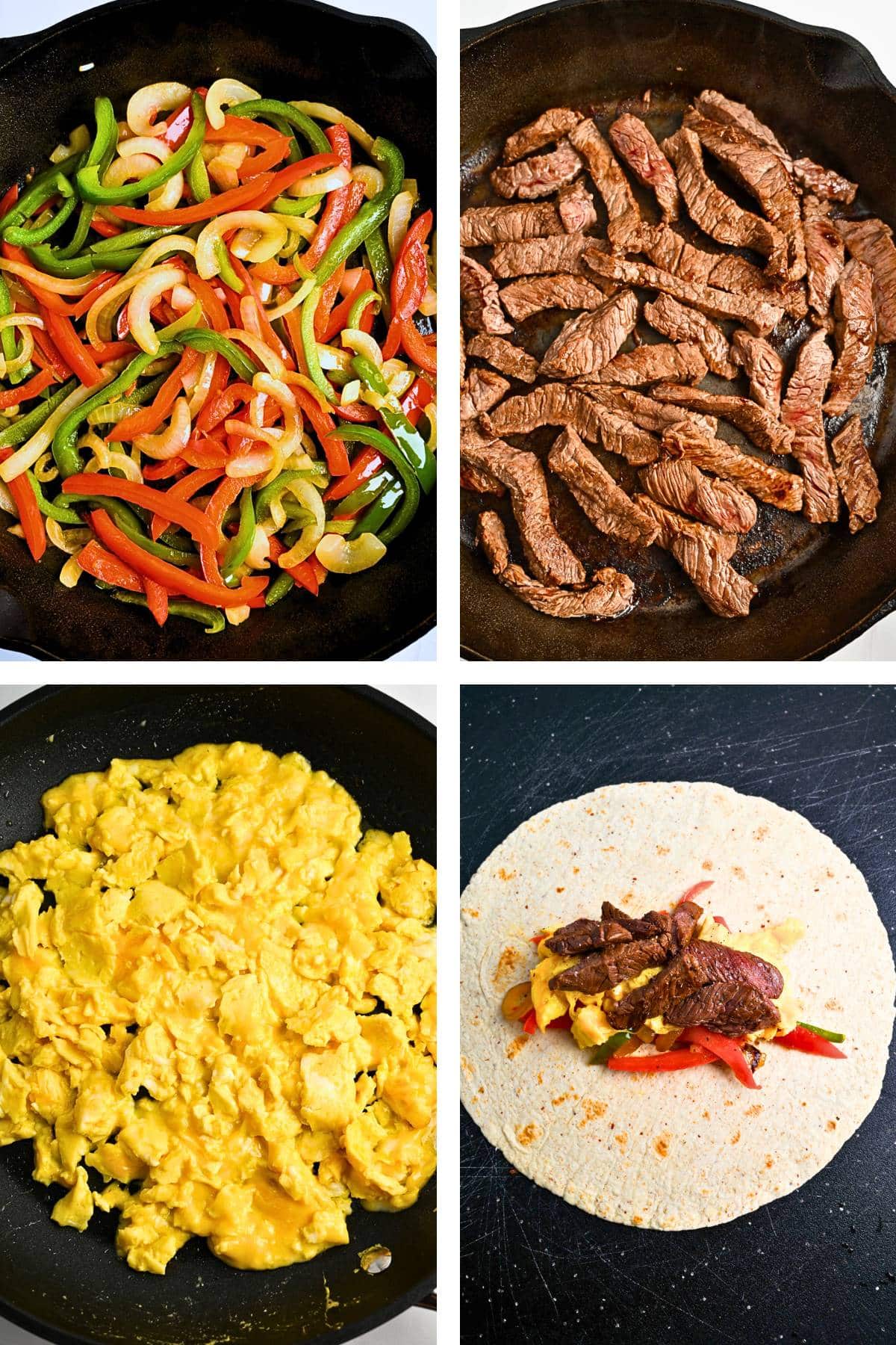 photos of peppers and onions, steak, eggs, and an open faced burrito