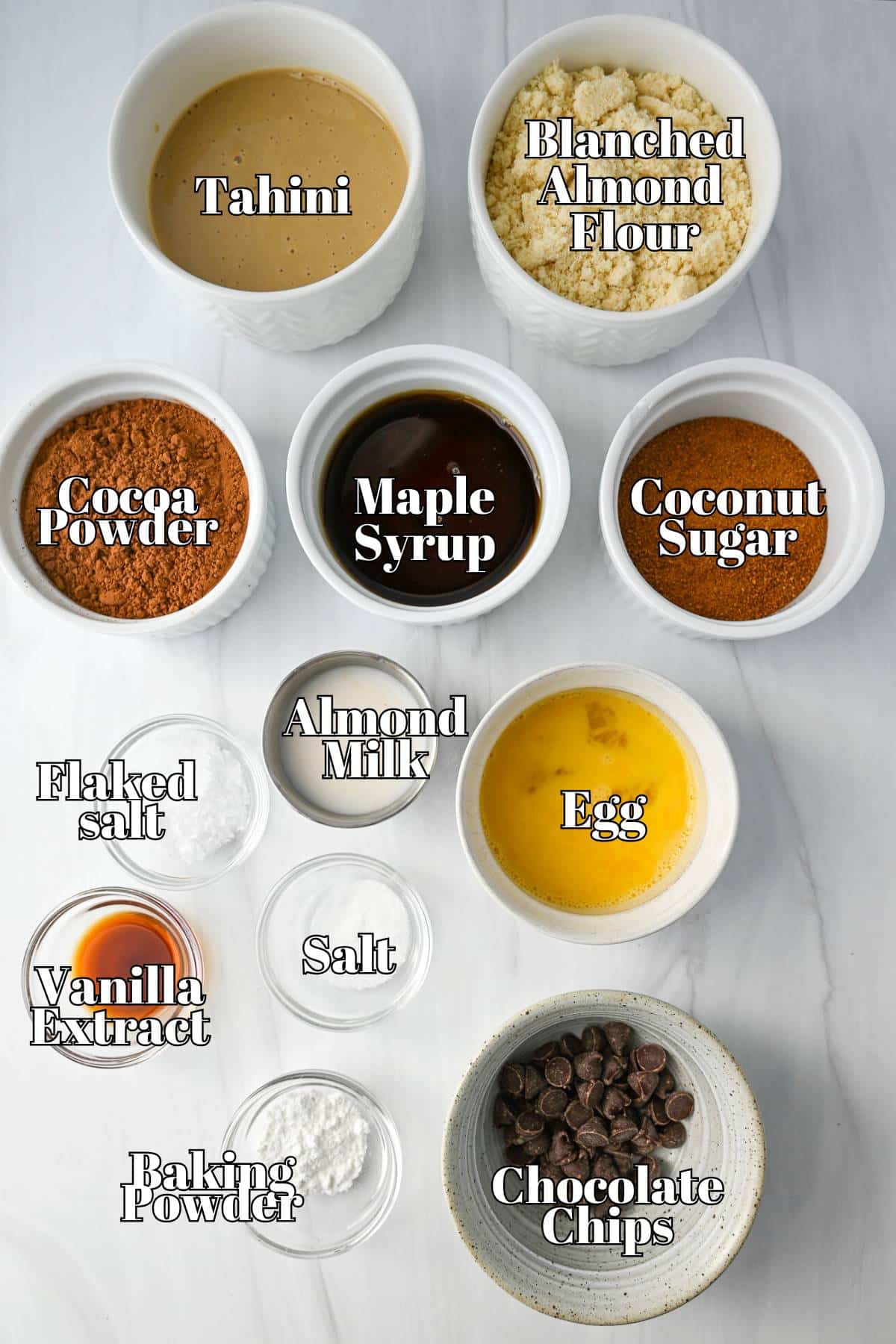 ingredients for tahini brownies measured out on a counter