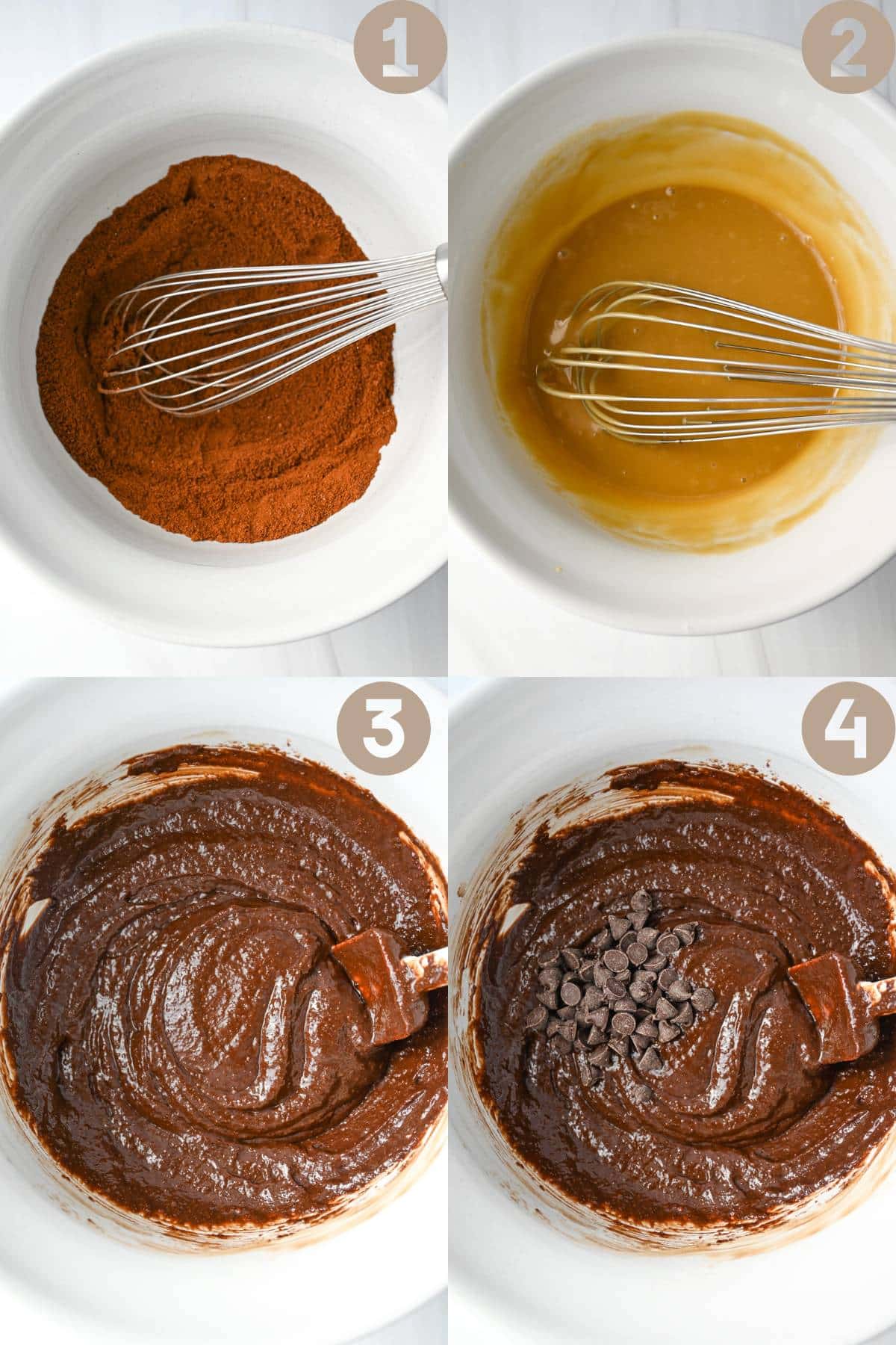 four photos showing the steps of mixing tahini brownie batter in a bowl