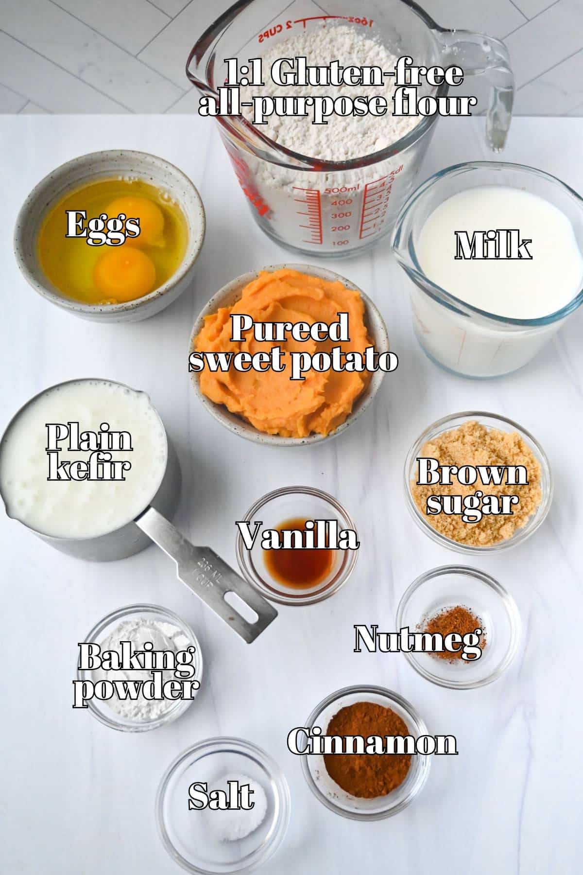 ingredients for sweet potato pancakes measured out on a counter