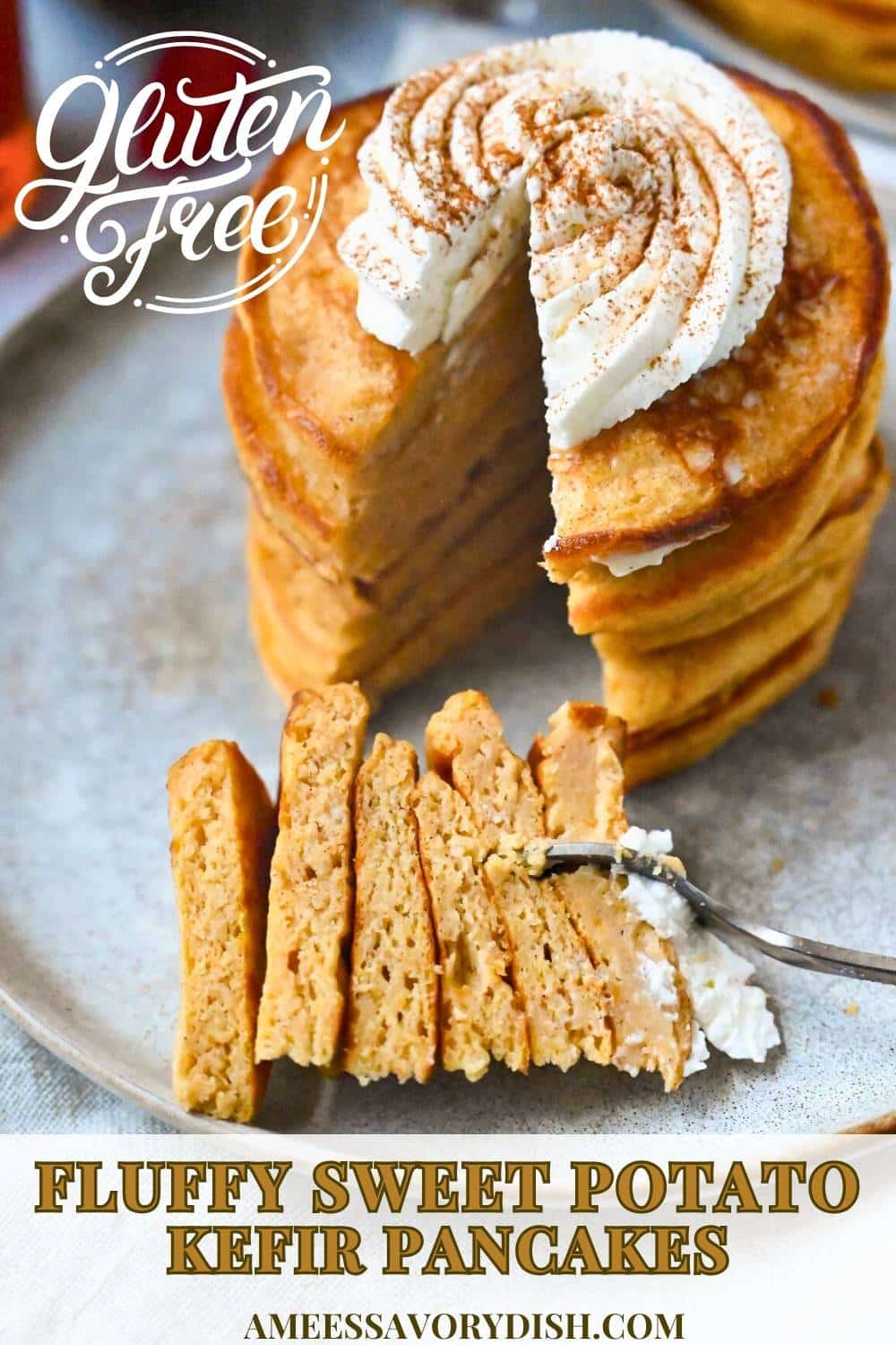 This simple recipe yields delicious, fluffy sweet potato pancakes. No one will know they're gluten-free and made with gut-friendly kefir! via @Ameessavorydish